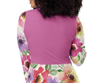 Plus Size Pink Floral Midi Dress: Long Sleeve Polyester Pocket Dress