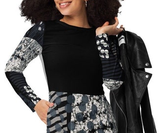 Plus Size Midi Dress: Abstract Print Long Sleeve Pocket Dress
