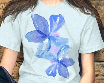Watercolor Blue Floral T-Shirt, Summer Flower Top