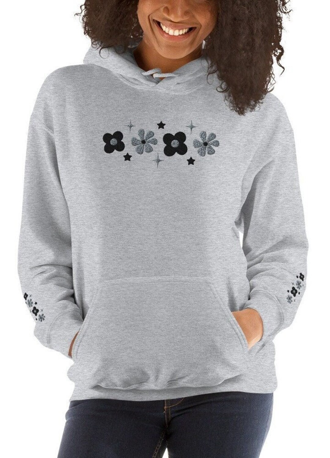 Cute Embroidered Floral Grey Hoodie Floral Embroidered Sweater Etsy UK