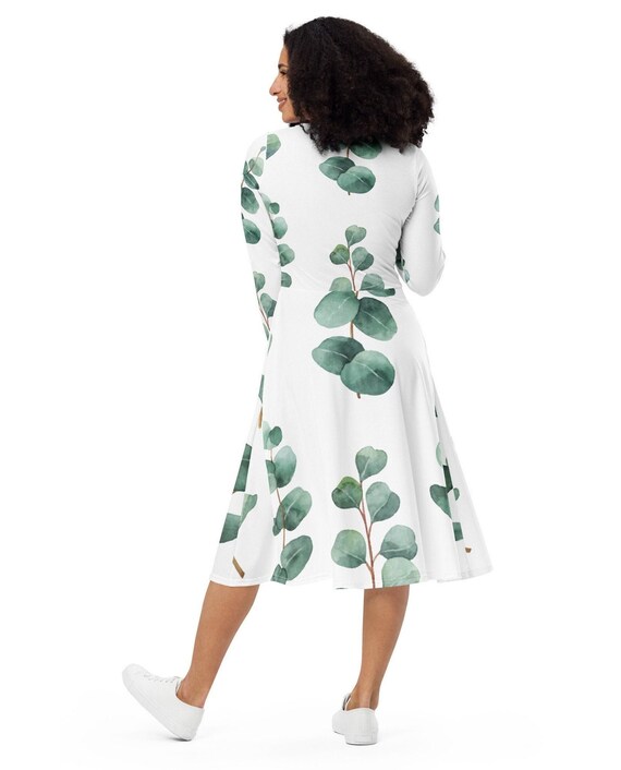 Green Leaves Print Midi Dress: Plus Size Long Sleeve Pocket Dress Green Leaves Print Midi Dress: Plus Size Long Sleeve Pocket Dress