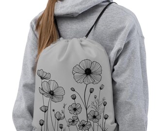 Drawstring black flowers bag