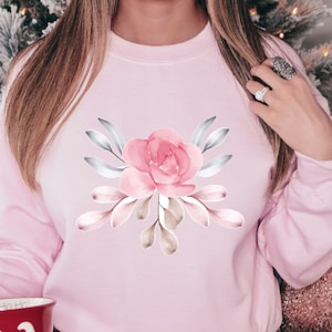 Pink Flower Sweatshirt, Floral Sweater for Women, Nature Lovers Unisex Heavy Blend Crewneck Sweatshirt