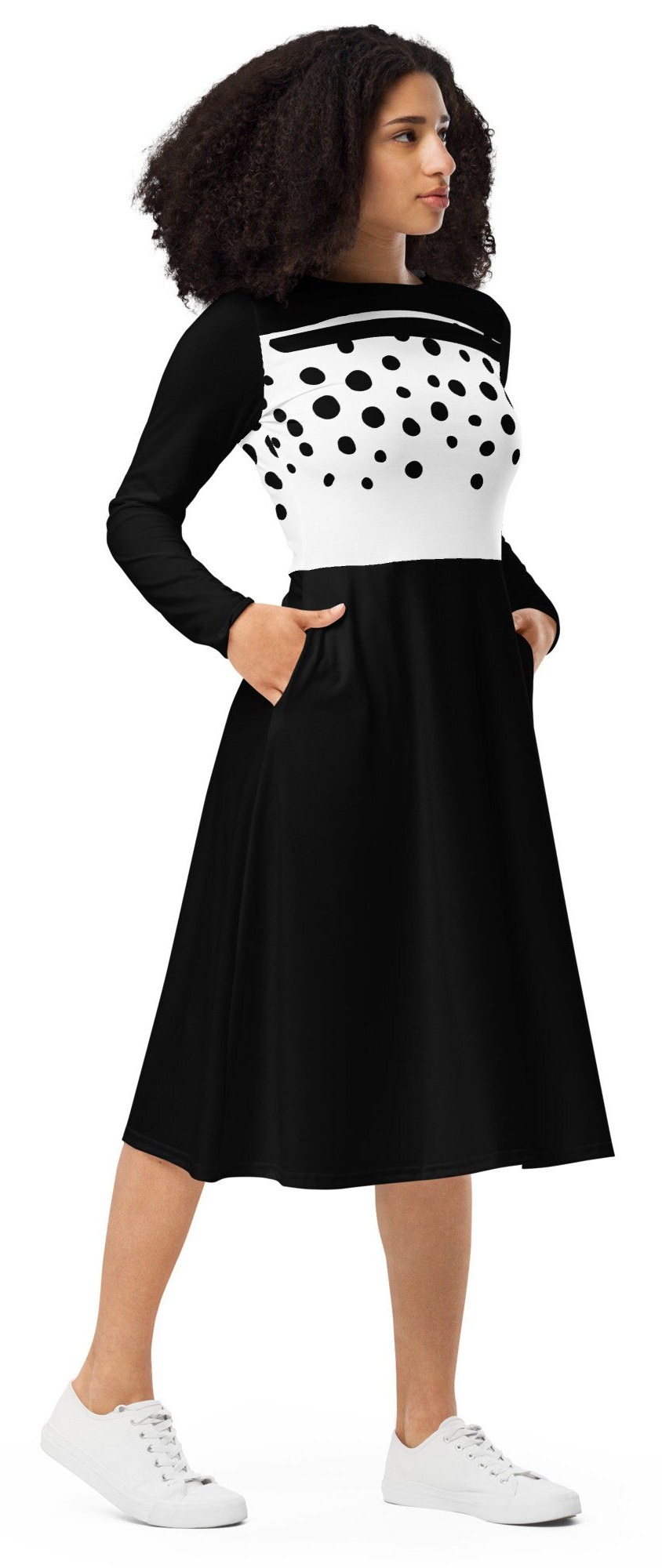 Polka Dot Midi Dress: Plus Size Long Sleeve Black and White Print Polka Dot Midi Dress: Plus Size Long Sleeve Black and White Print