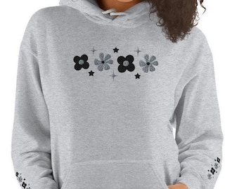 Sudadera con capucha gris bordada con estampado floral: Suéter suave de mezcla de algodón.