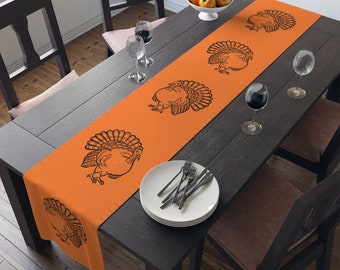 Thanksgiving Table Runner (Cotton, Poly), Turkey Table decor, Orange Fall Tablecloth
