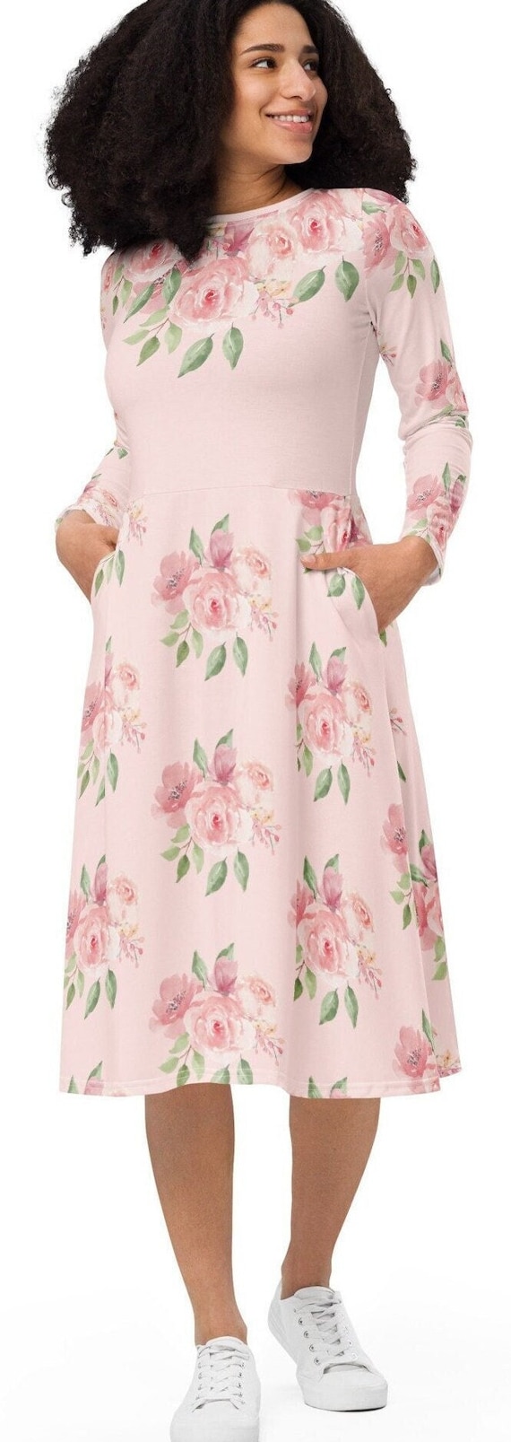 Plus Size Pink Floral Print Long Sleeve Midi Dress Modest Pink Floral Shirtdress. Polyester Fit and Flare Oversized Dress Etsy UK
