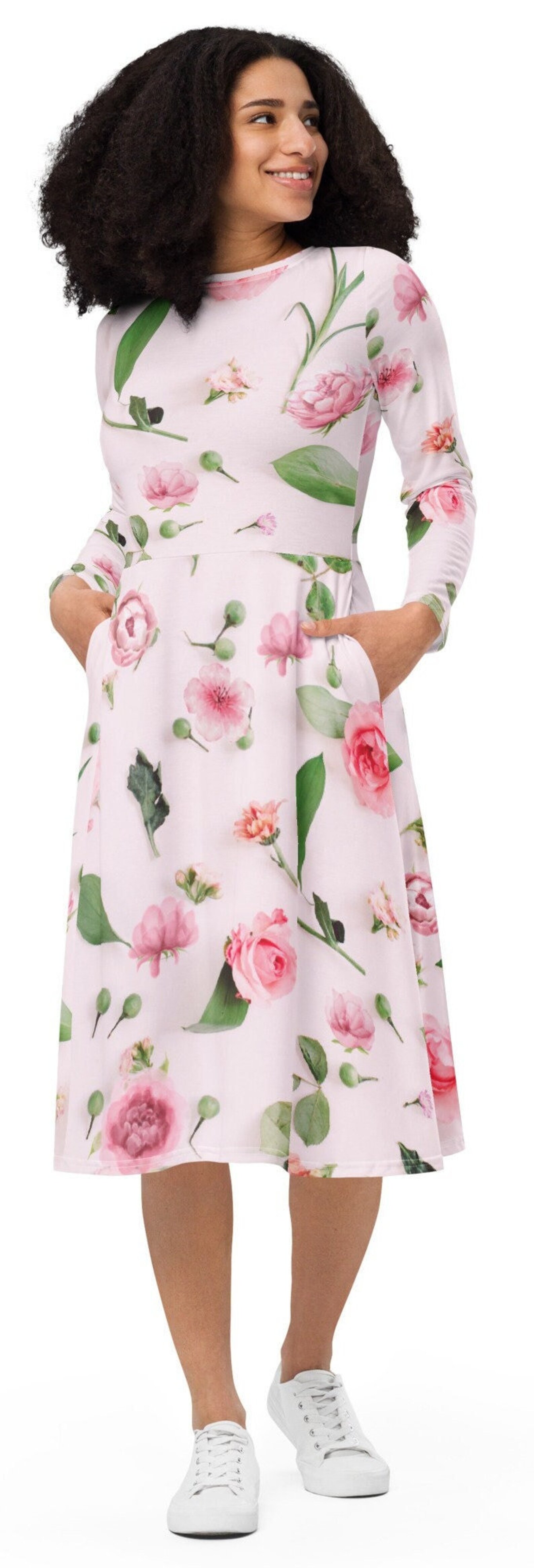 Order Roses Dress Plus Size Pink Roses Midi Dress: Long Sleeve Floral Print - Etsy