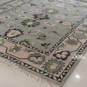 Hand-Knotted Turkish Wool Rug | Sage Green & Blush Floral Carpet | Pastel Living Room Area Rug | Soft Vintage Boho Decor