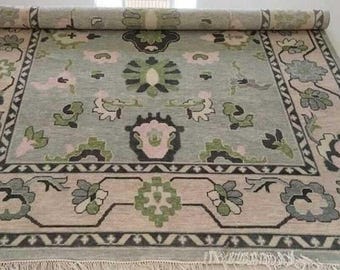 Hand-Knotted Turkish Wool Rug | Sage Green & Blush Floral Carpet | Pastel Living Room Area Rug | Soft Vintage Boho Decor