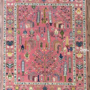 Pink Oushak Wool Rug | Handmade Oriental Carpet | Turkish Style Floral Area Rug | Boho Room Decor | Vintage-Inspired Rug