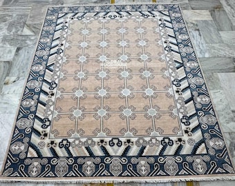 Beigeblauw tribal geometrisch wollen vloerkleed | Handgeknoopt tapijt | Modern oriëntaals ontwerp | Aangepaste formaten | Woondecoratie woonkamer