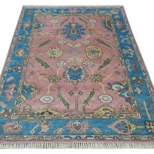Hand Knotted Pink Wool Rug | Blue Border Oriental Carpet | Vintage Style Tribal Floral Area Rug | Traditional Decor | Handmade