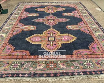 Hand-Knotted Turkish Wool Rug | Navy Blue Tribal Geometric Carpet | Boho Living Room Area Rug | Vintage Anatolian Floor Decor