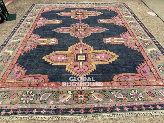 Hand-Knotted Turkish Wool Rug | Navy Blue Tribal Geometric Carpet | Boho Living Room Area Rug | Vintage Anatolian Floor Decor