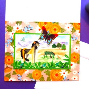 Aquarell Pferde Karte: Briefpapier Geschenk. Grußkarte mit Esel und Pferd.