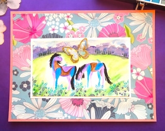 Watercolor Horse Art: Whimsical Two Horse Painting, Animal Artwork, Equestrian Gift