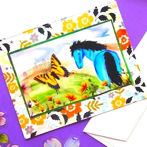 Watercolor Horse Note Card: Butterfly Art, Equestrian Gift. Original horse art for horse lover. Blue horse in field greeting card.