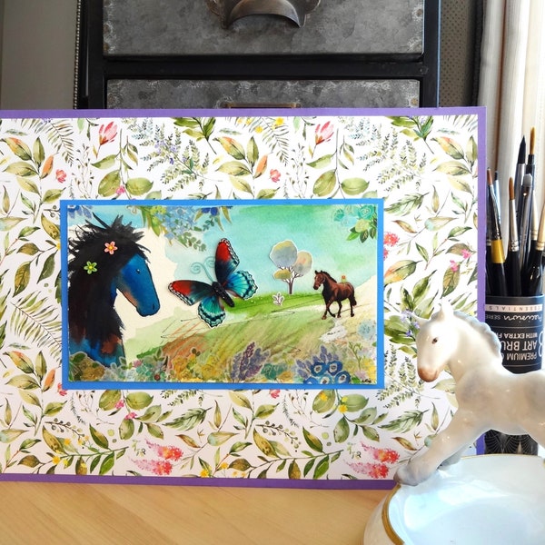MOTHERS DAY watercolor horse gift. Original mixed media horse art. Handmade 3D horse folk art. Kids playroom horse art. Floral paper frame.