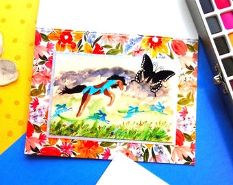 Carte de voeux cheval originale. Carte cheval et lapins. Anniversaire, merci, carte de cheval de célébration. Cadeau de papeterie cheval pour elle.