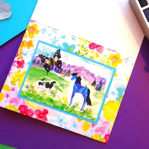 Origineel wenskaart met paard. Capricieuze kunstkaart met aquarelpaard en koe. Paard briefpapier cadeau. Vriendschap, bedankkaart.