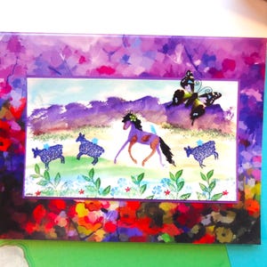 Horse greeting note card original. Whimsical horse and sheep card. Horse stationery gift for her. Friendship, thank you birthday horse card.