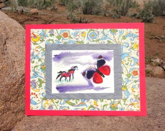 Southwestern horse art. Mixed media watercolor horse painting. Handpainted horse folk art. Handmade 3D kids horse art. Floral paper frame.