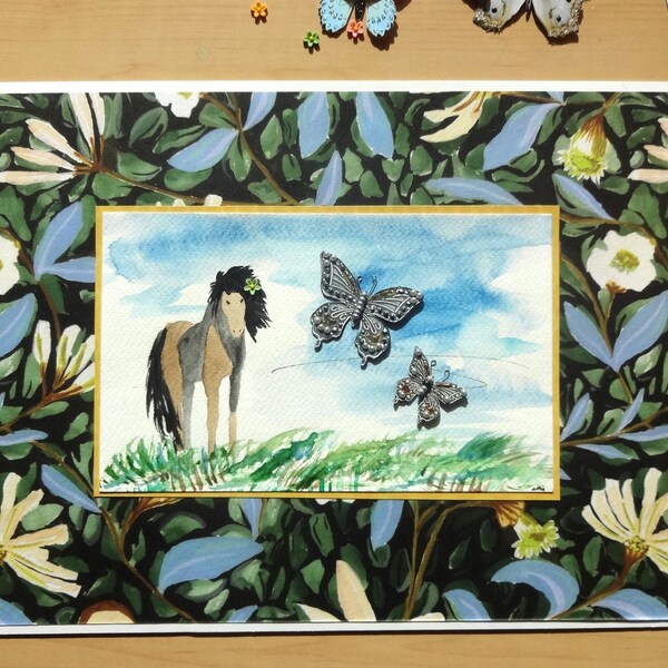 MOTHERS DAY horse art. Landscape watercolor horse art. Horse home decor. Mixedmedia horse art. Horselover birthday gift. Floral paper frame.