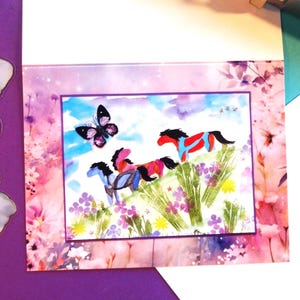 Cartão de felicitações original com tema de cavalo. Presente de papelaria com tema de cavalo. Cartão com estampa de três cavalos. Aniversário, amizade, cartão de agradecimento em branco.