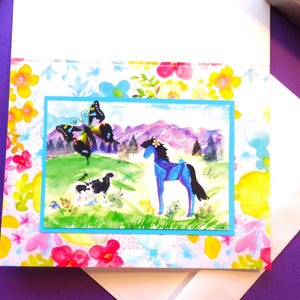 Watercolor Horse & Cow Art Card: Whimsical Friendship Note Card. Equestrian Stationery Gift. Original horse art card (4.25 x 5.5&quot;).