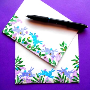 Handmade rubber stamped envelopes. Homemade whimsical stationery. Set of two note card sized decorated envelopes. Snail mail envelopes..