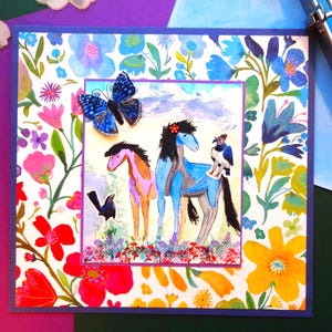 Acquerello originale raffigurante un cavallo. Cavalli dipinti a mano in un paesaggio originale. Regalo con cavallo e uccelli. Regalo con cavallo di campagna. Regalo con cavallo da cowgirl.
