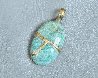 Amazonite NECKLACE KINTSUGI Art Gold 24k Engraved Necklace Gift For Her Gold Necklace