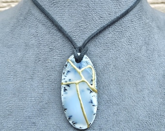 Kintsugi Dendritic Agate Necklace, 22k Gold Plated Statement Pendant, Wabi-Sabi Jewelry
