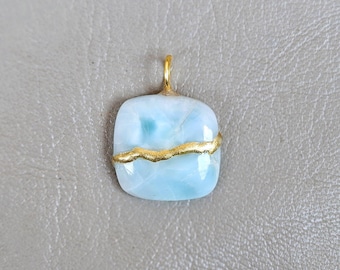 KINTSUGI NECKLACE LARIMAR Gemstone Engraved Necklace Dainty jewelry Handmade Japanese Wabi Sabi Art Anniversary Gift For Her