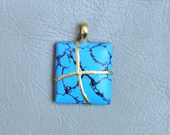 Kintsugi Turquoise Pendant Necklace, 22k Gold Plated Statement Jewelry