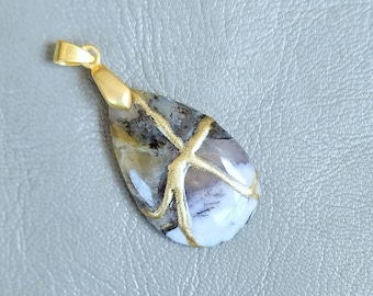 Dendritic Agate Pendant Necklace Kintsugi Art, 22k Gold-Plated