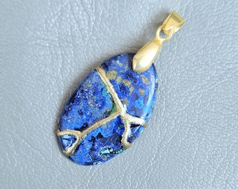 Azurite Kintsugi Necklace: 22k Gold Plated, Natural Gemstone Statement Jewelry
