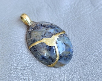 Kintsugi Sagenite Pendant Necklace: 22k Gold Plated, Wabi Sabi Japanese Art