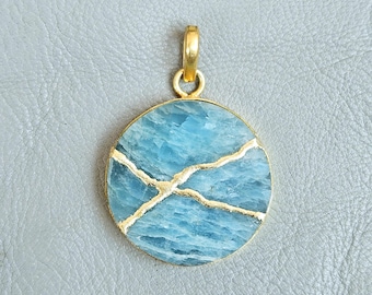 Kintsugi Aquamarine Pendant Necklace: 22k Gold Plated Brass Statement Jewelry