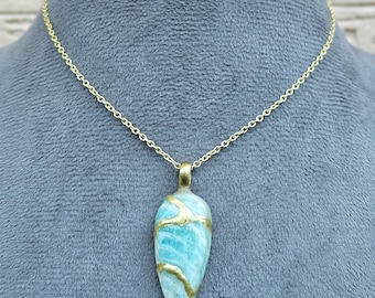 Amazonite NECKLACE KINTSUGI Art Gold 22k Engraved Necklace Gift For Her Gold Necklace