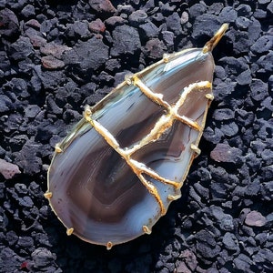 Kintsugi Necklace: Gold Plated Montana Agate Pendant, Wabi Sabi Jewelry