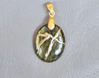 Labradorite Kintsugi Necklace, 22k Gold Plated Statement Pendant, Japanese Art Jewelry