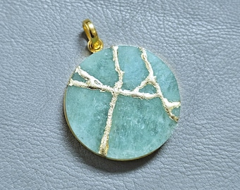 Aquamarine Kintsugi Necklace – Round 35mm Pendant in Gold Plated