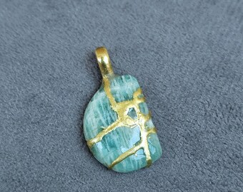 Amazonite NECKLACE KINTSUGI Art Gold 24k Engraved Necklace Gift For Her Gold Necklace