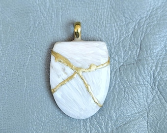 Kintsugi Scolecite Pendant Necklace: 22k Gold Engraved Necklace , Wabi-Sabi Gemstone Jewelry