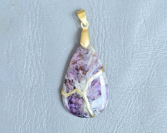 Kintsugi Charoite Pendant Necklace: 22k Gold Plated Statement Gemstone Jewelry