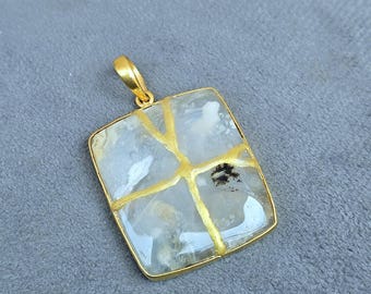 Montana Agate Pendant Necklace Kintsugi Art, 22k Gold-Plated