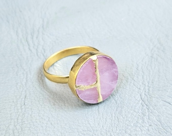 Rose Quartz Kintsugi Ring: 22k Gold Plated Statement Jewelry, Wabi-Sabi