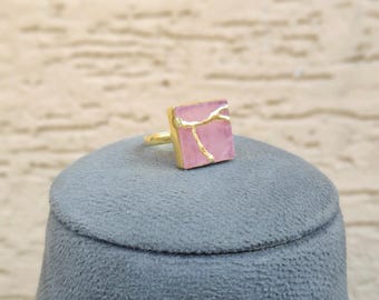 Kintsugi Rose Quartz Ring: 22k Gold Plated Brass, Wabi-Sabi Gemstone Jewelry